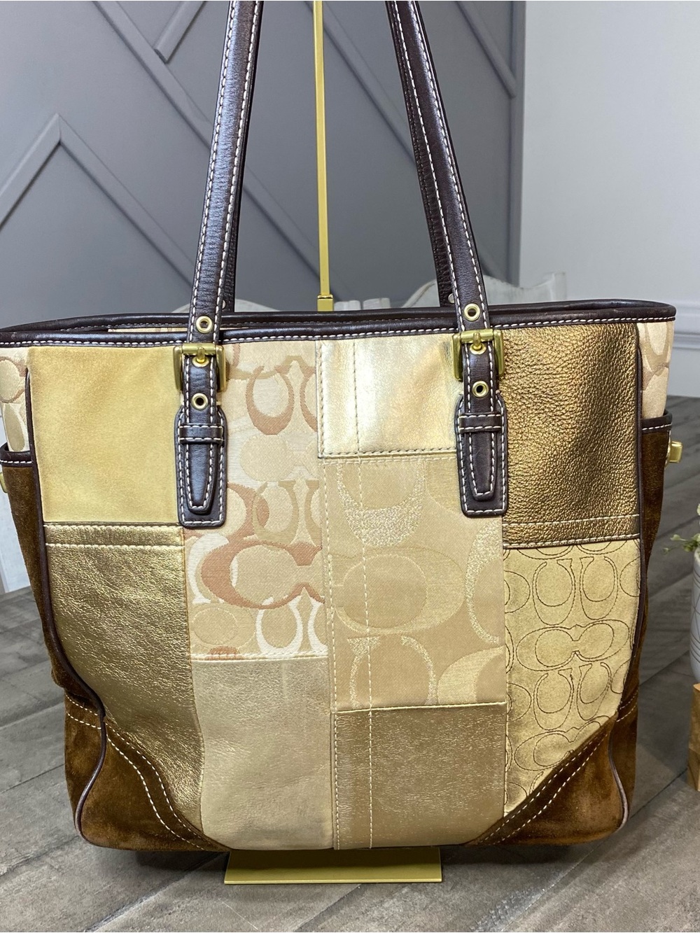 Vintage Coach Hampton Holiday Patchwork Tote Bag Brown Gold Canvas Suede Y2K - Picture 6 of 15